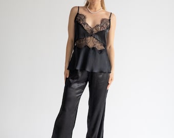 Conjunto de lencería nupcial: pantalones de satén con top de encaje - Conjunto de pijama de lujo - Lencería para la luna de miel