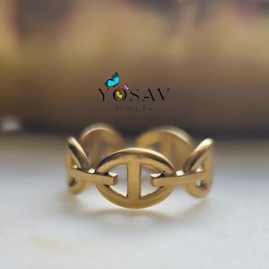 Chain Link Ring 14k Gold Plated Adjustable Stacking Ring, Gift For Her