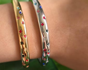 Multicolor Star Cuff Bracelet, 18k Gold Plated Colorful Bangle Gift For Her