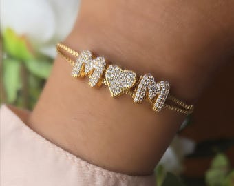 Pulsera de oro para mamá, pulsera con letras de burbujas chapada en oro de 18k, pulsera de cadena ajustable, regalo para el Día de la Madre, regalo para mamá