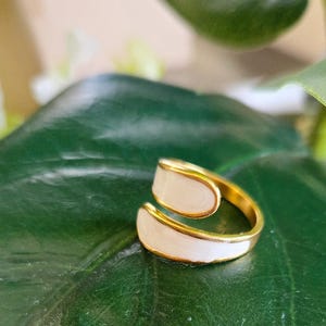 Puede incluir: Un anillo dorado con incrustaciones de esmalte blanco. El anillo tiene un dise&ntilde;o abierto y envolvente, con las secciones de esmalte blanco curv&aacute;ndose alrededor del dedo. El anillo est&aacute; sobre una hoja verde.