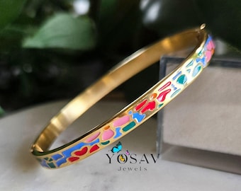18k Gold plated Floral Bangle colorful enamel bracelet, gift for her
