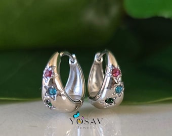 Silver Star huggie hoop earrings multicolor CZ stone hoops, stainless steel Tarnish resistant, gift for her
