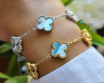 Pulsera de trébol de nácar, pulsera de flor con incrustaciones de concha chapada en oro de 18k, regalo de acero inoxidable resistente al deslustre para ella.