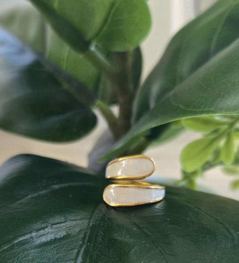 Puede incluir: Un anillo dorado con un dise&ntilde;o de esmalte blanco. El anillo tiene un dise&ntilde;o abierto &uacute;nico con dos secciones superpuestas. El anillo est&aacute; colocado sobre un fondo de hojas verdes, creando un contraste de colores y texturas.