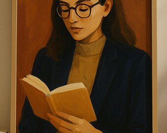 May include: A framed painting of a person wearing glasses and a navy blue blazer, reading a book with a golden cover. The artwork has a warm color palette, with a brown background and a tan turtleneck.