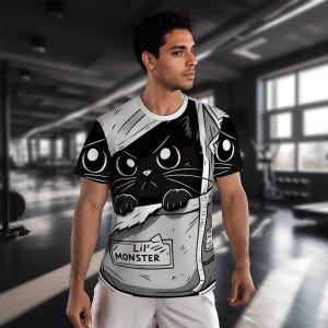 Cartoon Black Cat in Bag T-Shirt - Lil Monster Graphic Tee