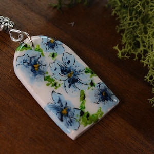 Hand-Painted Blue Floral Pendant and Earrings Set &quot;Serena&quot;