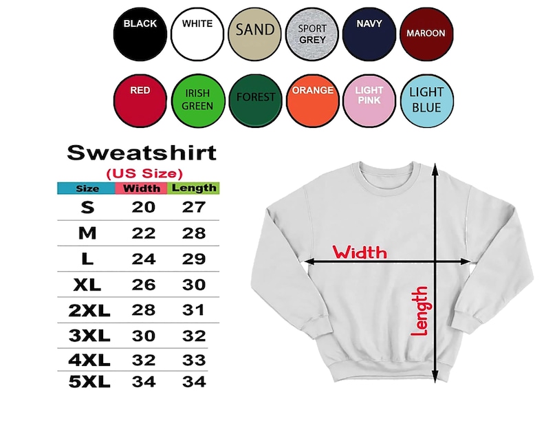 Peut inclure: Un sweat-shirt blanc avec des options de taille et de couleur. L'image montre un tableau des tailles avec des mesures en pouces pour la largeur et la longueur, allant de S &agrave; 5XL. Les options de couleur incluent le noir, le blanc et le rouge.