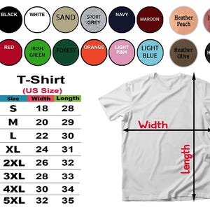 Peut inclure: Un t-shirt blanc avec des mesures de largeur et de longueur, et un tableau des tailles de S &agrave; 5XL. Les options de couleur sont affich&eacute;es dans des cercles, dont le noir, le blanc, le rouge et le bleu marine. Le texte "T-Shirt (US Size)" est visible.
