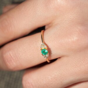 Emerald Ring Yellow Gold Rings with Round Cut Emerald and Side Diamond  Art Deco Bands for Woman May Birthstone Gift for Wife Birthday Gift