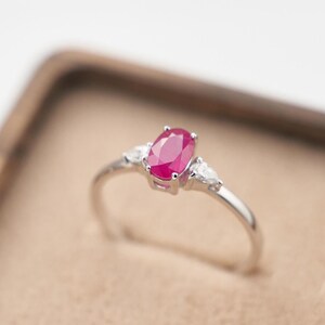 Ruby Ring 18K Solid Gold Three Stone Band with Ruby and Side Diamond  Art Deco Red Gemstone Rings for Woman July Birthstone Anniversary Gift
