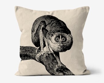 Slender Loris cushion . Vintage print cushion. Victorian pillow. Soft faux suede fabric.