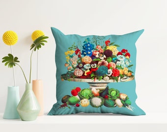 Flowers and vegetables vintage print cushion. Still life pillow.  Soft faux suede fabric.