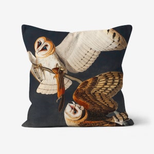 Vintage Owl print cushion. Birds pillow. Soft faux suede fabric.