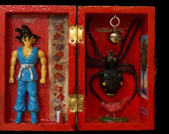 Japanese Spider Chicken, Hand-made icon box with found treasures.