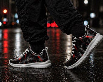 Black Red Splatter Sneakers, Men’s Streetwear Shoes, Athletic Running Trainers, Lightweight Casual Sneakers, Urban Fashion Footwear