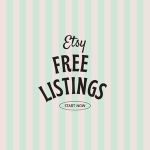 Puede incluir: Un diseño gráfico con rayas verticales que alternan entre verde menta claro y beige pálido. El texto negro centrado dice Etsy FREE LISTINGS, con las palabras START NOW encerradas en un óvalo negro fino en la parte inferior.