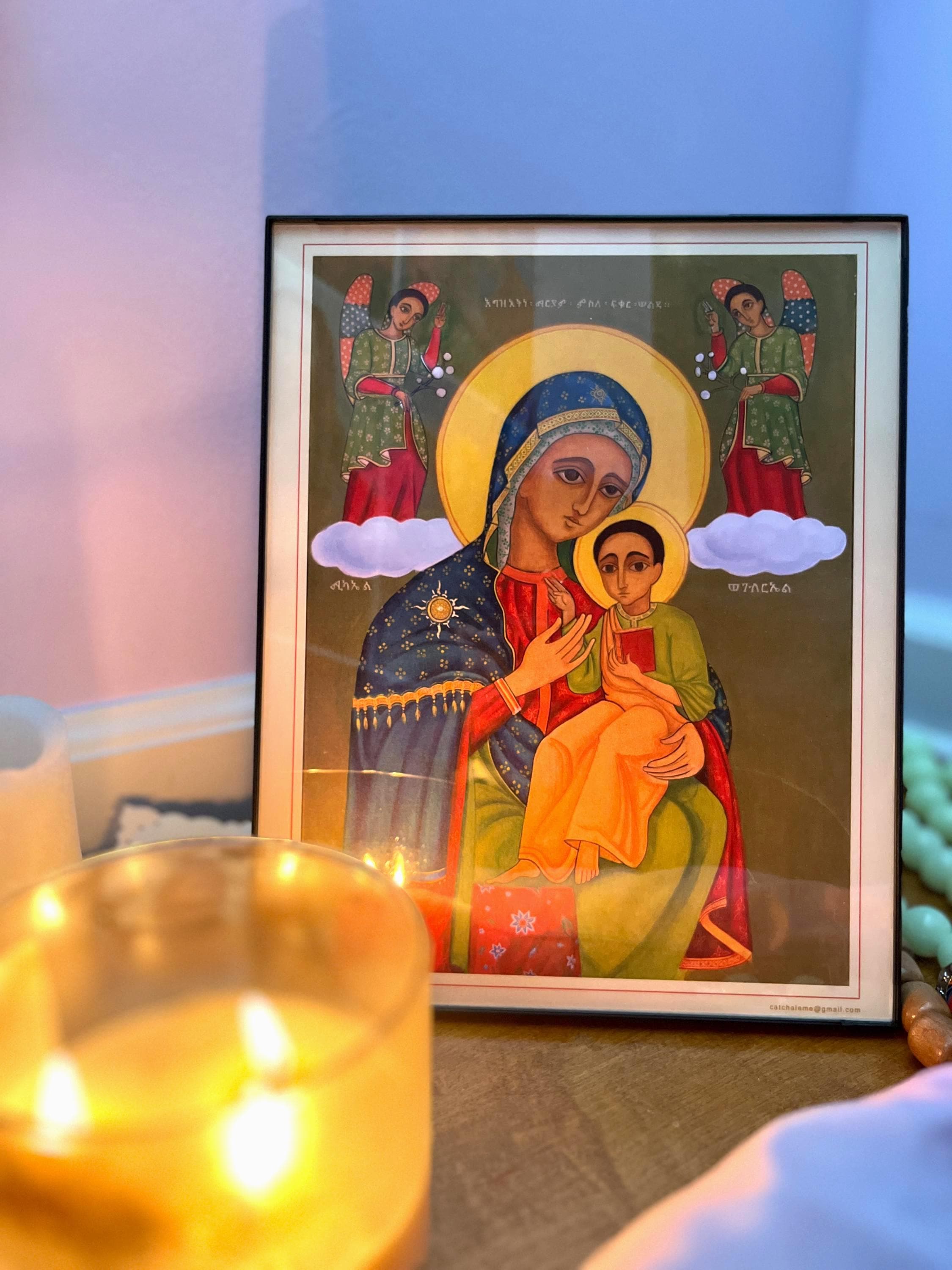 Ethiopian Orthodox Icon of St. Mary & Christ – 8x10 Framed Canvas Print