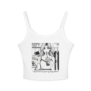 Débardeur graphique, Haut à bretelles fines rigolo pour femme, Accro au shopping, Amateur de matcha, Porte-cartes noir, T-shirt graphique pour femme