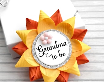 Groovy Baby Shower Favor, Custom Pins for Guests, Sunflower Yellow and Orange, Pink Flower