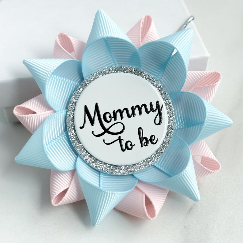 Mommy to Be Pin, Pink and Blue Gender Reveal Decorations, Gender Neutral Baby Shower, New Mom Gift, Light Blue and Pale Pink image 4