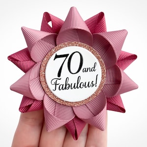 70th Birthday Gift for Her, 70th Birthday Pin Gift, 70 and Fabulous Pin, Seventieth Birthday Party Decorations, Mauve and Rose