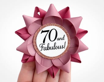 70th Birthday Pin Gift, "70 and Fabulous", Mauve and Rose Ribbon