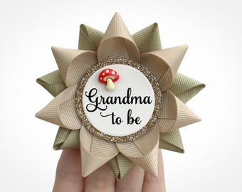 Red Mushroom Woodland Baby Shower Pin, Neutral Tan and Olive with Red Toadstool