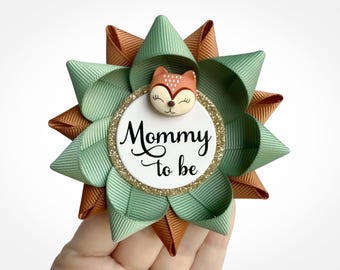 Woodland Baby Shower Theme Pin, Party Decorations in Sage and Burnt Orange with Fox