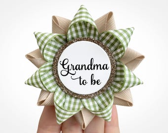 Sage Green Gingham Baby Shower Personalized Party Favor Pins, Grandma to Be Gift