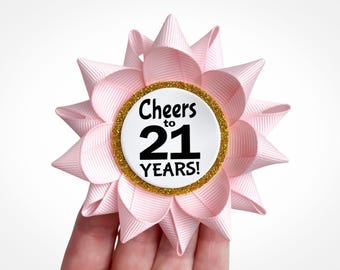 Cheers to 21 Years Pin, Pale Pink Birthday Party Keepsake