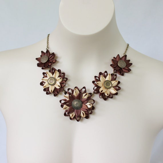 Items similar to Brown Necklace, Dark Brown Statement Necklace, Big Chunky Flower Necklace