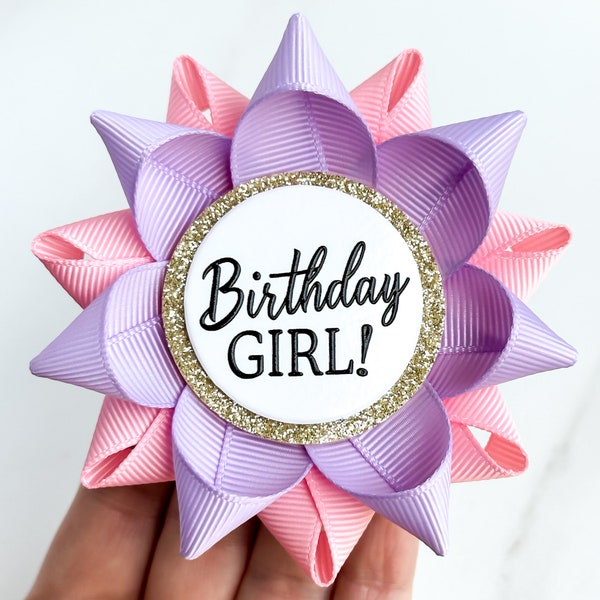 Birthday Party Decorations, Girls Birthday Ribbon, Birthday Girl Pin, Pink and Purple Birthday Pin, Lavender and Pink