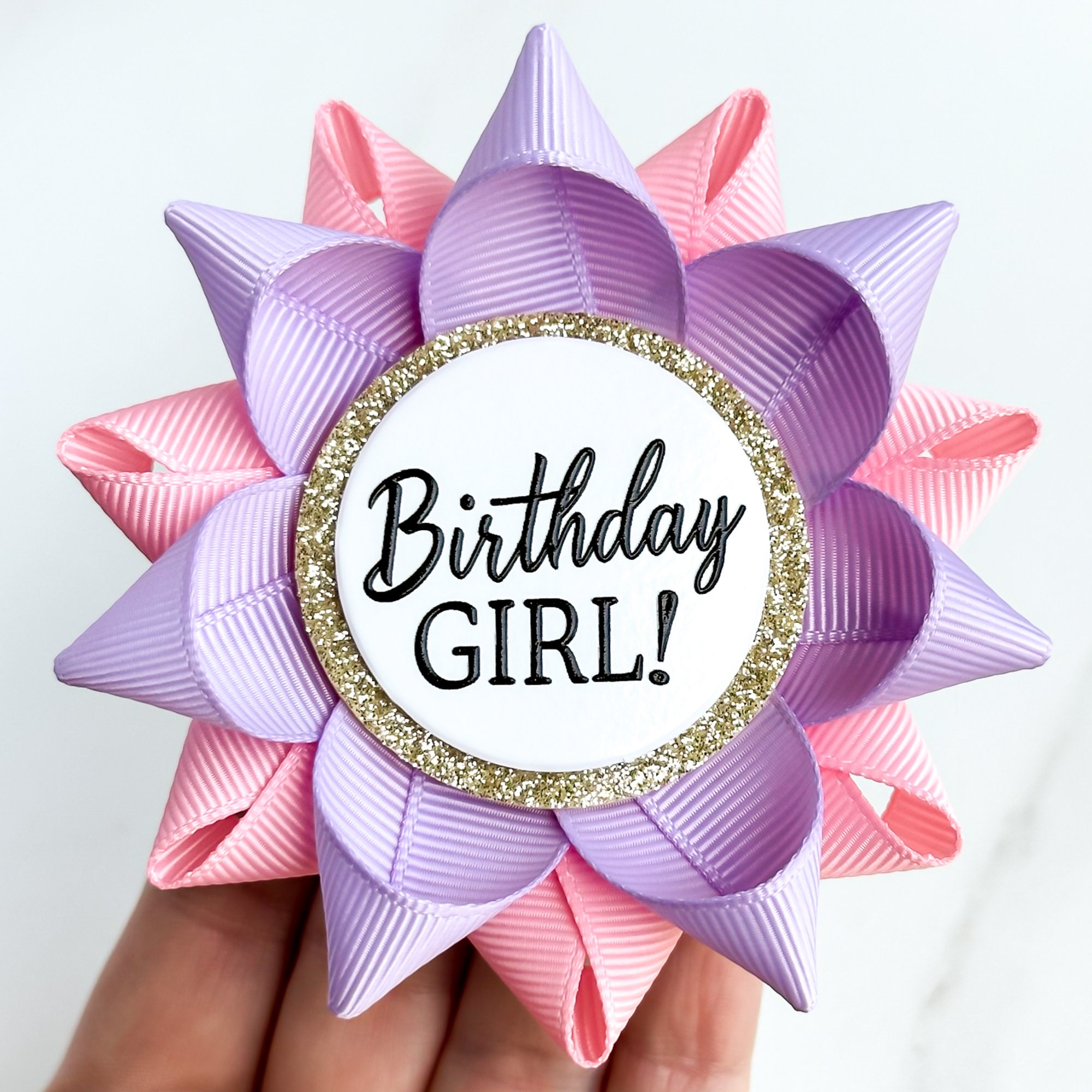 Birthday Party Decorations, Girls Birthday Ribbon, Birthday Girl Pin, Pink  and Purple Birthday Pin, Lavender and Pink 