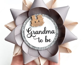 Train Baby Shower Decorations Grandma Pin, Train Theme Shower Decor, Train Decorations, New Grandma Gift, Gray and Tan with Wooden Train