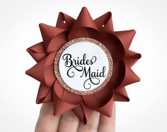 Bridesmaid Ribbon Pin, Bachelorette Wedding Party Favor, Rust Rose Gold