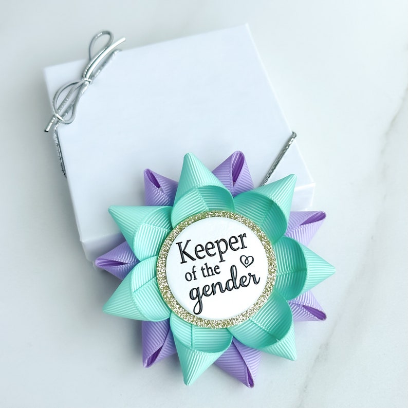 Light Purple and Aqua Gender Reveal Party Keeper of the Gender Pin, Gender Keeper Pin, Custom Color, Aqua and Lavender image 3