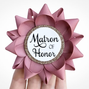 Matron of Honor Proposal Pin Gift, Custom Text and Ribbon Color Bridal Shower and Bachelorette Corsage Pins for Wedding Party in Mauve