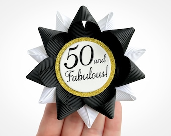 50th Birthday Pin, Handmade Black & White Grosgrain Ribbon Party Decoration