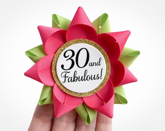 30th Birthday Pin, "30 and Celebratory", Hot Pink & Green