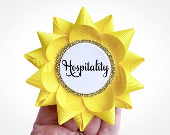 Hospitality Pin, Event Badge for Staff, Custom Event Pins, Hostess Pin, Personalized Awards Ribbon, Yellow