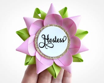 Hostess Gift Ideas, Sorority Gifts Pink and Green Hostess Pin, Custom Sisterhood Event Pins in Bubblegum Pink and Apple Green