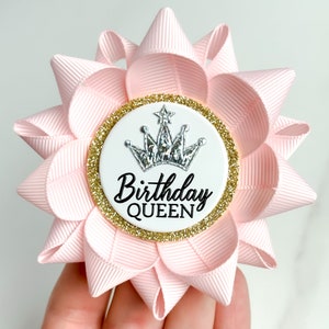 Pink Birthday Pin, Birthday Queen, Birthday Princess or Birthday Girl, Light Gold Accent, Custom Birthday Pin with Crown, Pale Pink