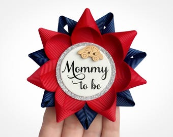 Retro Race Car Baby Shower Gifts for Guests, Baby Boy Racing to the Finish Line Theme Party, Custom Name Pins, Red and Navy with Wooden Car