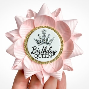 Pink Birthday Queen Pin, Birthday Queen Ribbon, Birthday Princess Pin, Light Gold Accent, Custom Birthday Pin with Crown, Pale Pink