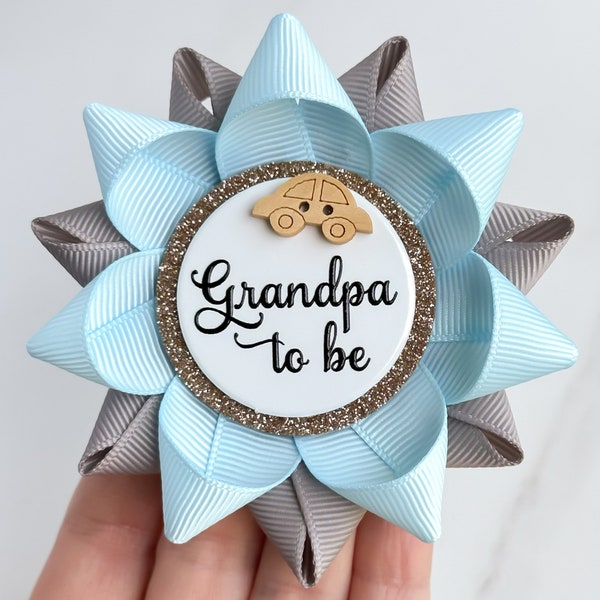 Light Blue Baby Shower New Grandpa Gift, Car Baby Shower Pin, Papa Gift, Baby Shower Favor Gifts, Light Blue and Gray with Wooden Car