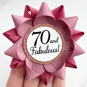 70th Birthday Gift for Her, 70th Birthday Pin Gift, 70 and Fabulous Pin, Seventieth Birthday Party Decorations, Mauve and Rose