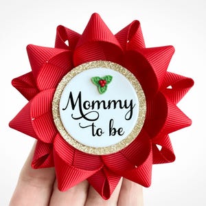 Christmas Baby Shower Favors Guest Gifts, Holiday Baby Shower Theme Mommy to be Pin in Red Ribbon with Light Gold and Holly Leaves Accent
