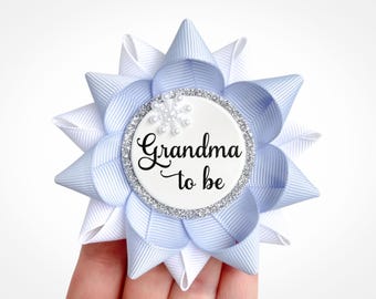 Winter Themed Baby Shower Pins for Baby Boy, Personalized Gifts for Guests, Grandma and Family in Ice Blue & White with Snowflake Accent